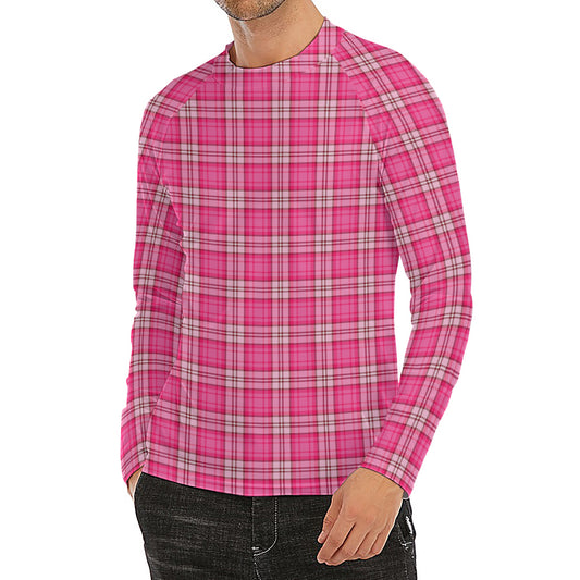 Pink And White Tartan Pattern Print Men's Long Sleeve Rash Guard