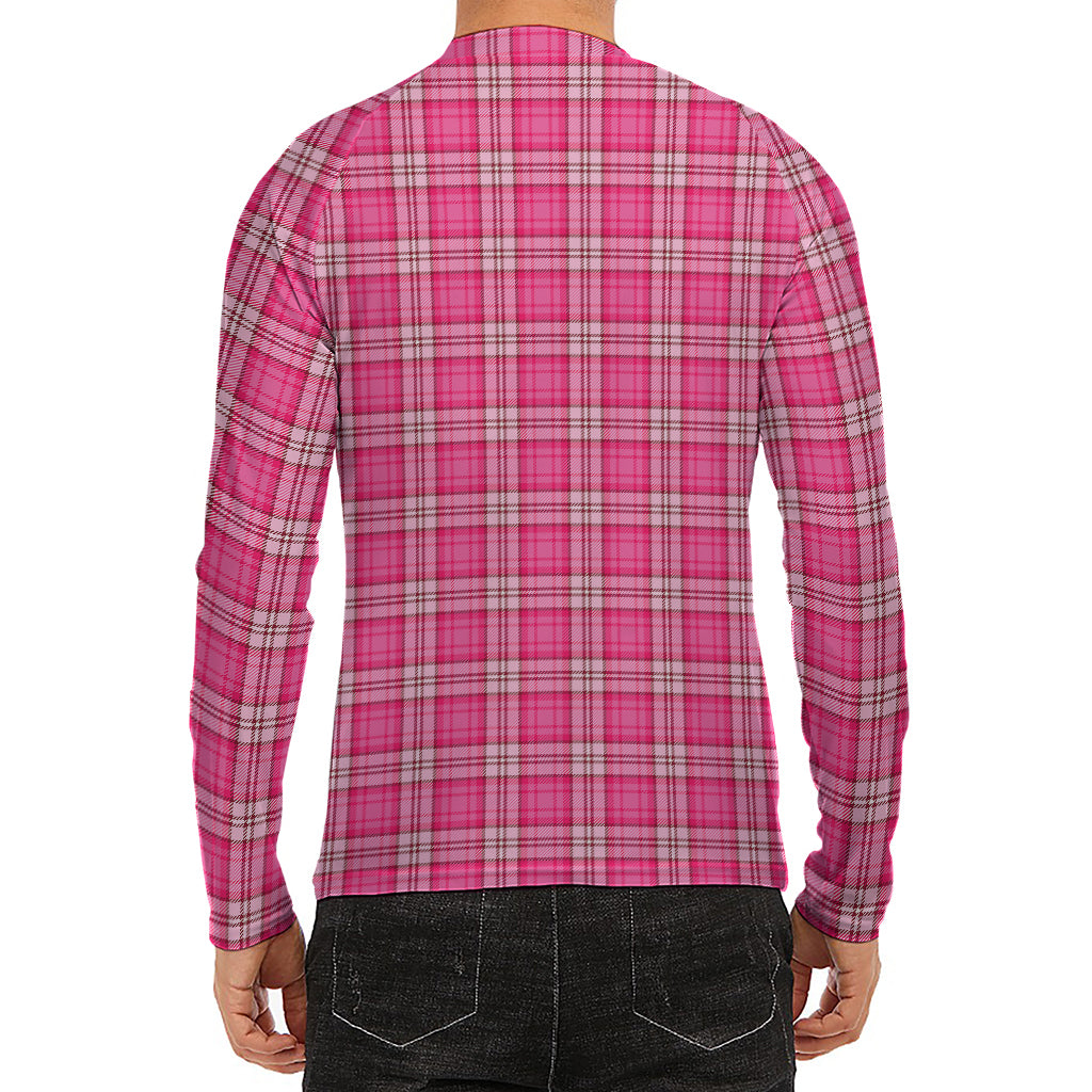 Pink And White Tartan Pattern Print Men's Long Sleeve Rash Guard