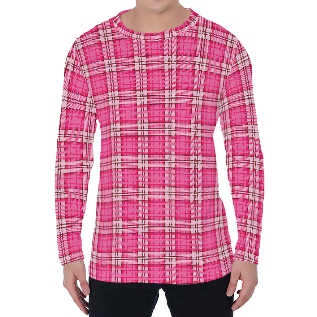 Pink And White Tartan Pattern Print Men's Long Sleeve T-Shirt