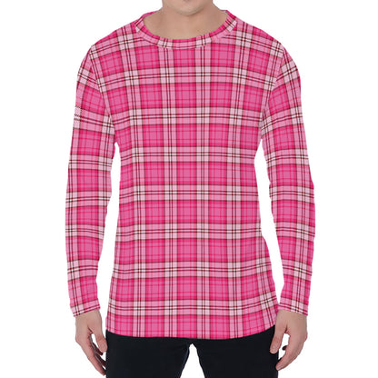 Pink And White Tartan Pattern Print Men's Long Sleeve T-Shirt