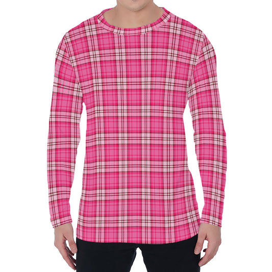 Pink And White Tartan Pattern Print Men's Long Sleeve T-Shirt
