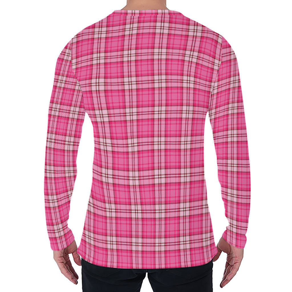 Pink And White Tartan Pattern Print Men's Long Sleeve T-Shirt
