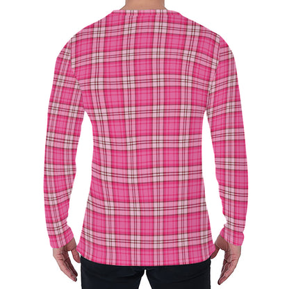 Pink And White Tartan Pattern Print Men's Long Sleeve T-Shirt