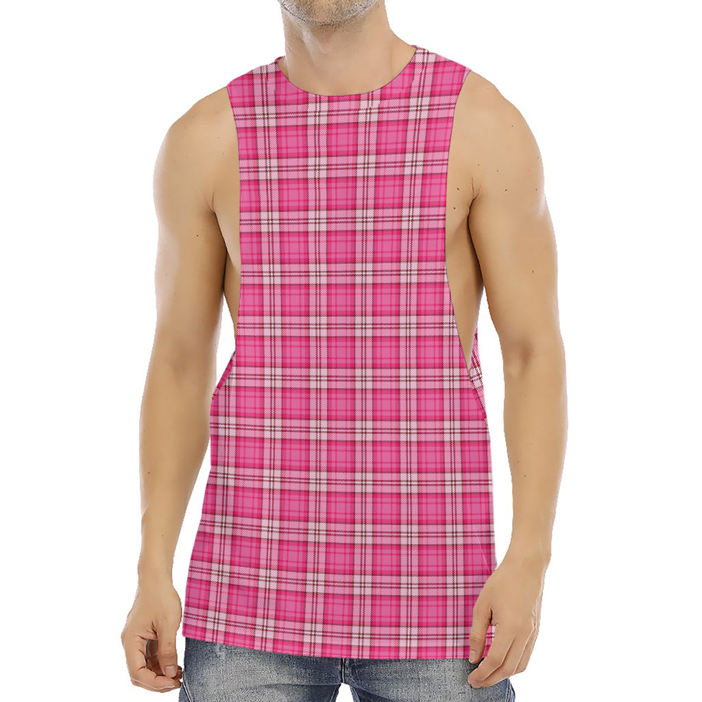 Pink And White Tartan Pattern Print Men's Muscle Tank Top