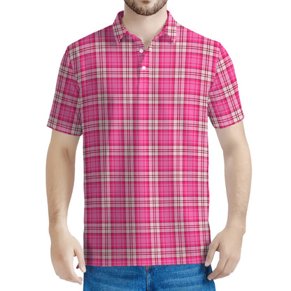 Pink And White Tartan Pattern Print Men's Polo Shirt