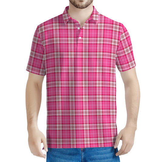 Pink And White Tartan Pattern Print Men's Polo Shirt