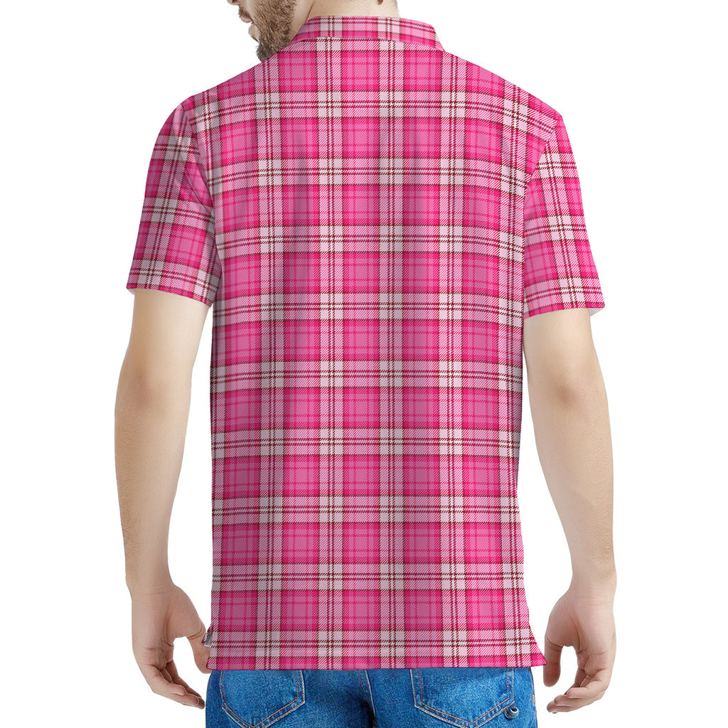 Pink And White Tartan Pattern Print Men's Polo Shirt