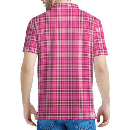 Pink And White Tartan Pattern Print Men's Polo Shirt