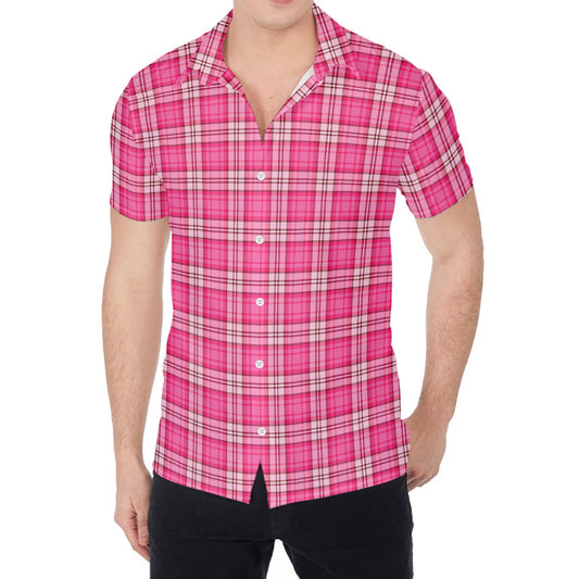Pink And White Tartan Pattern Print Men's Shirt