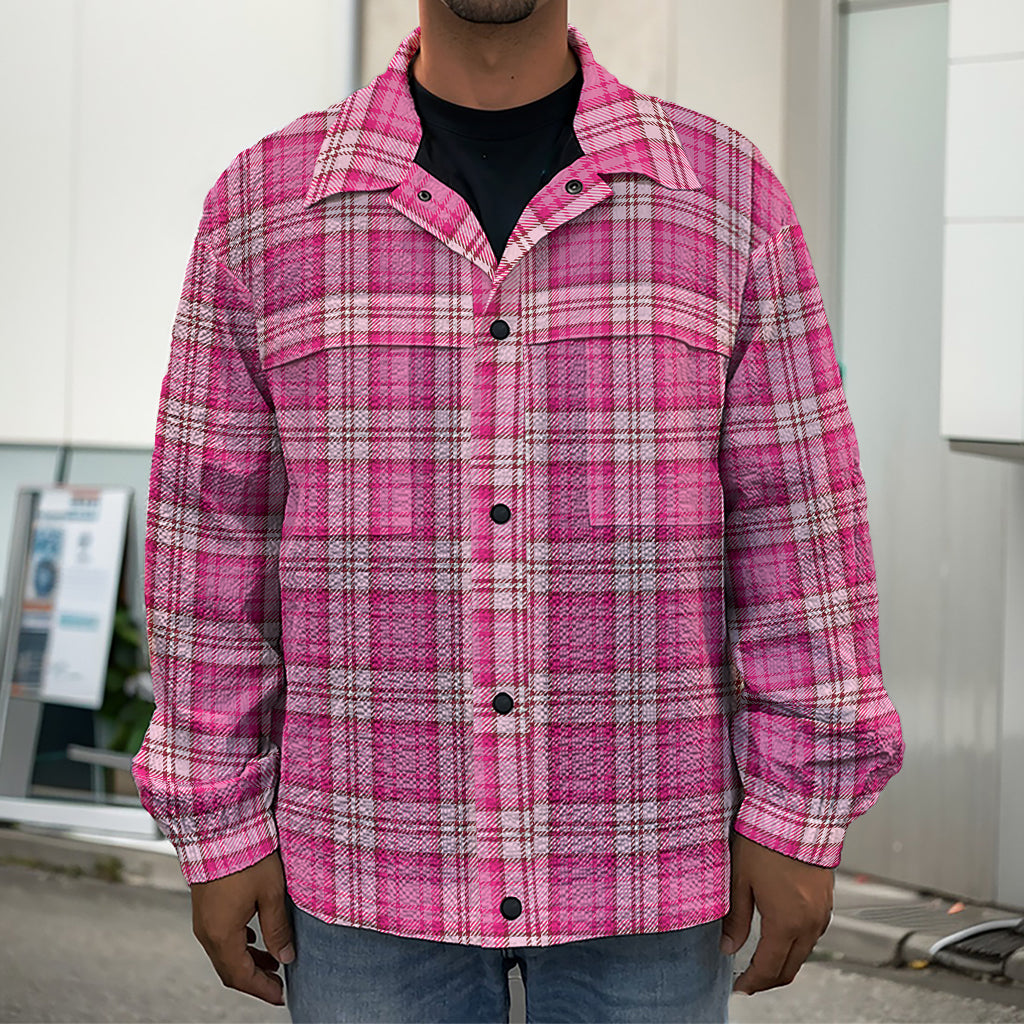 Pink And White Tartan Pattern Print Men's Shirt Jacket