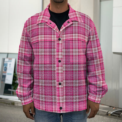 Pink And White Tartan Pattern Print Men's Shirt Jacket