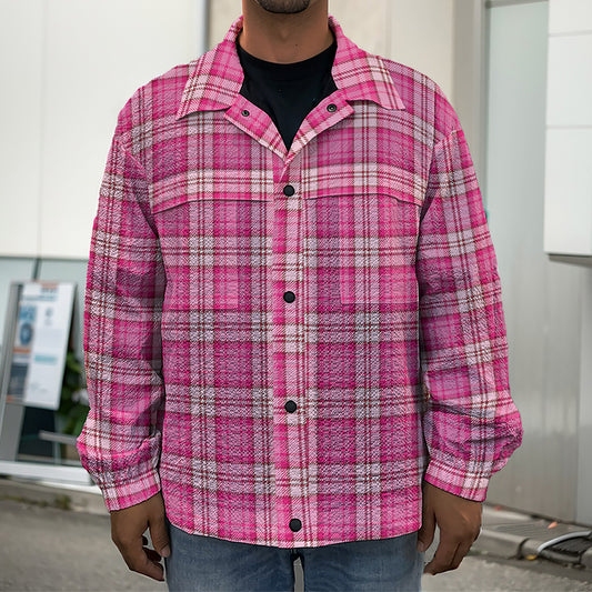 Pink And White Tartan Pattern Print Men's Shirt Jacket