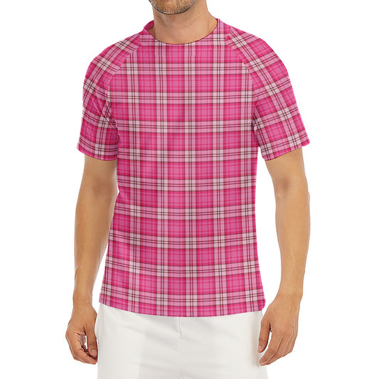 Pink And White Tartan Pattern Print Men's Short Sleeve Rash Guard
