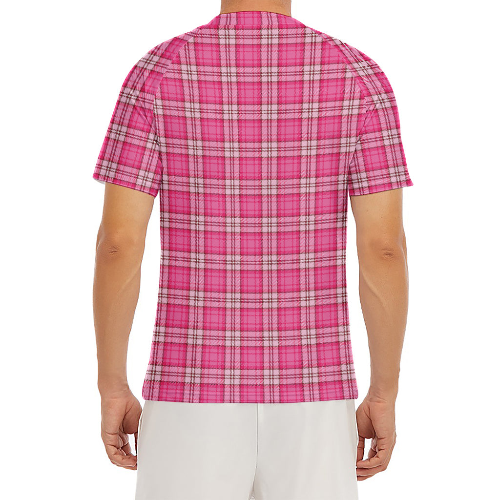 Pink And White Tartan Pattern Print Men's Short Sleeve Rash Guard
