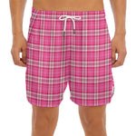 Pink And White Tartan Pattern Print Men's Split Running Shorts