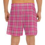 Pink And White Tartan Pattern Print Men's Split Running Shorts