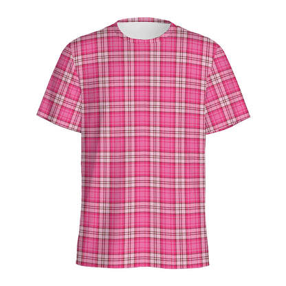 Pink And White Tartan Pattern Print Men's Sports T-Shirt