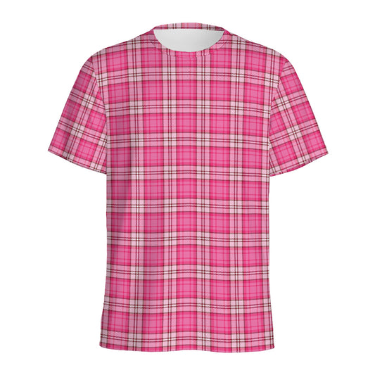 Pink And White Tartan Pattern Print Men's Sports T-Shirt