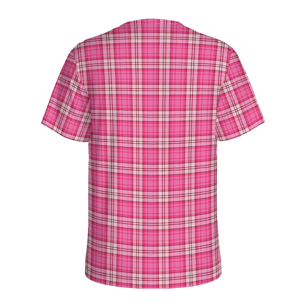 Pink And White Tartan Pattern Print Men's Sports T-Shirt