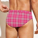 Pink And White Tartan Pattern Print Men's Swim Briefs