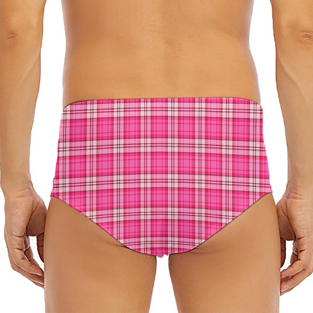 Pink And White Tartan Pattern Print Men's Triangle Swim Briefs