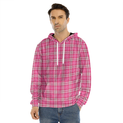 Pink And White Tartan Pattern Print Men's Velvet Pullover Hoodie