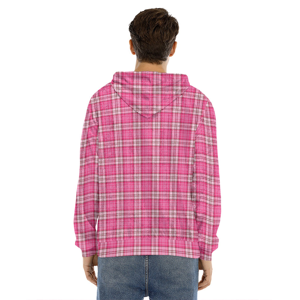 Pink And White Tartan Pattern Print Men's Velvet Pullover Hoodie