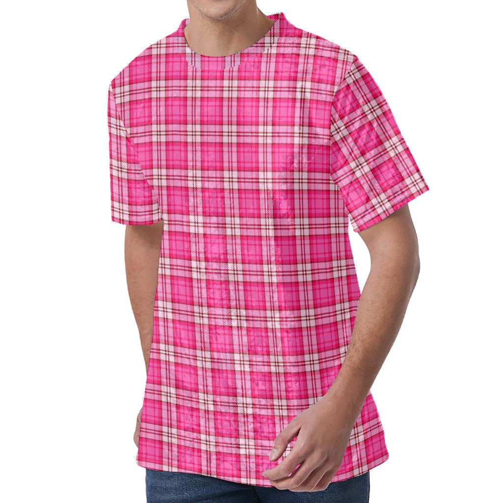 Pink And White Tartan Pattern Print Men's Velvet T-Shirt