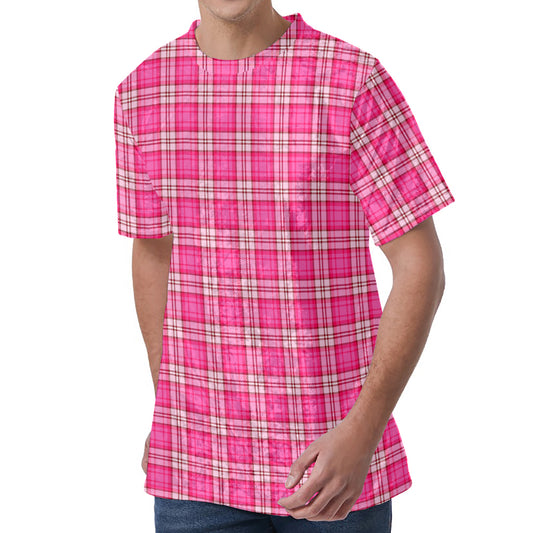 Pink And White Tartan Pattern Print Men's Velvet T-Shirt