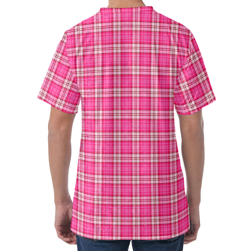 Pink And White Tartan Pattern Print Men's Velvet T-Shirt