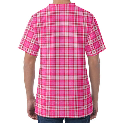Pink And White Tartan Pattern Print Men's Velvet T-Shirt