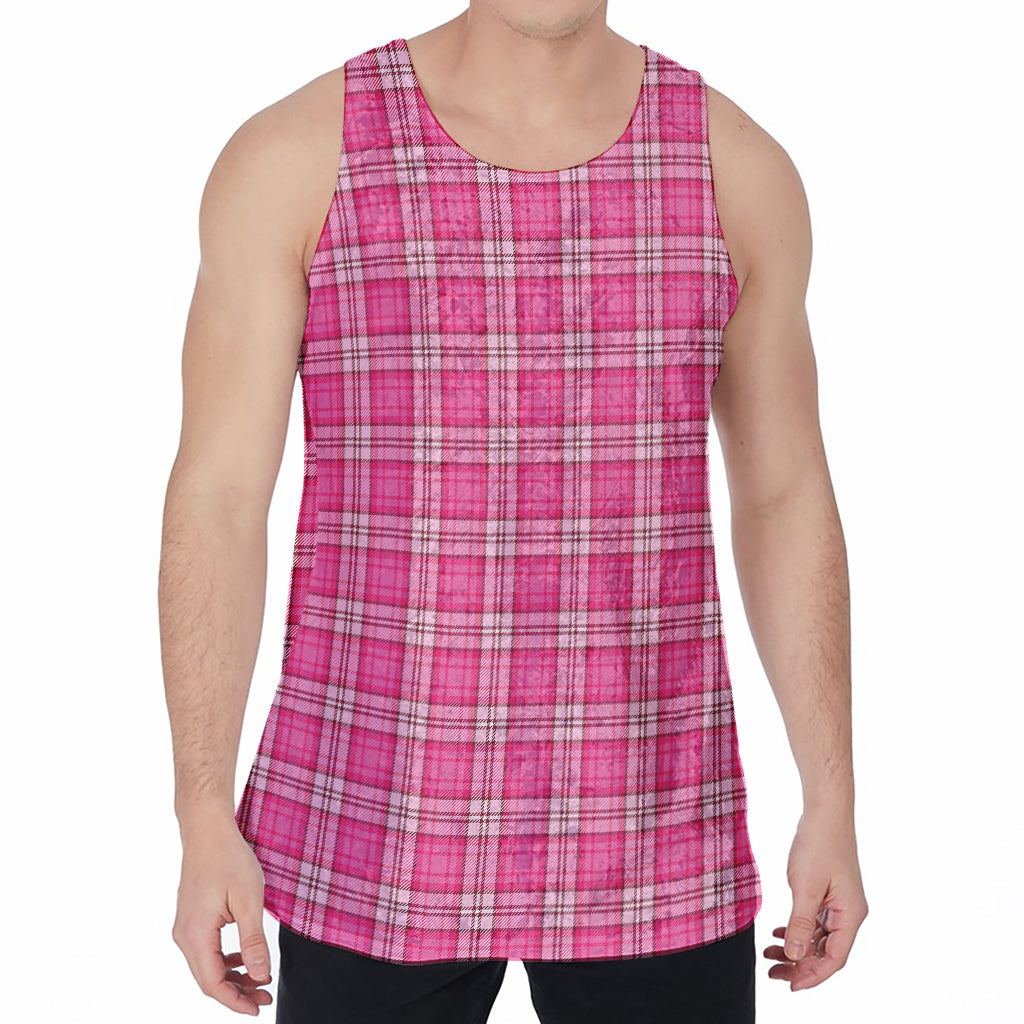 Pink And White Tartan Pattern Print Men's Velvet Tank Top