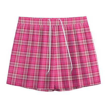 Pink And White Tartan Pattern Print Mesh Shorts