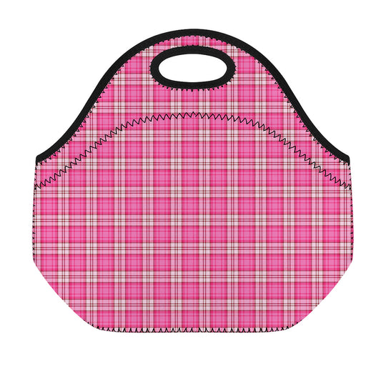 Pink And White Tartan Pattern Print Neoprene Lunch Bag