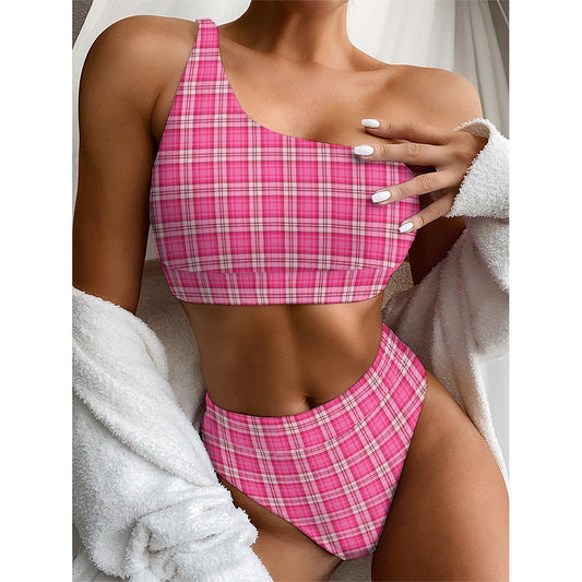 Pink And White Tartan Pattern Print One Shoulder Bikini Top