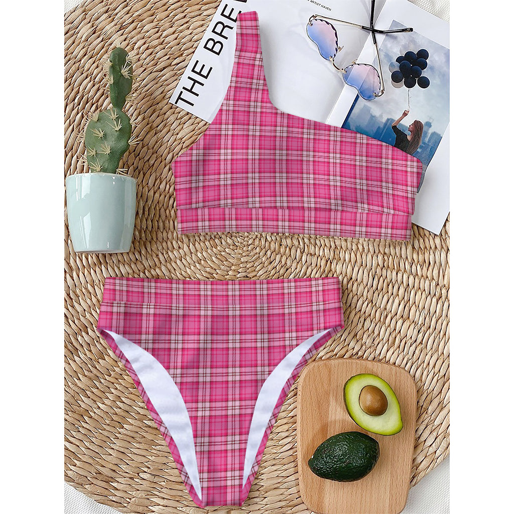 Pink And White Tartan Pattern Print One Shoulder Bikini Top