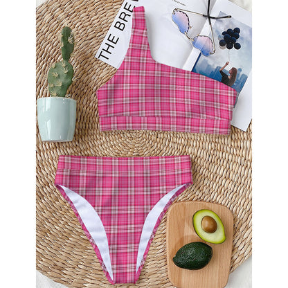 Pink And White Tartan Pattern Print One Shoulder Bikini Top