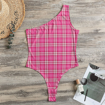 Pink And White Tartan Pattern Print One Shoulder Bodysuit