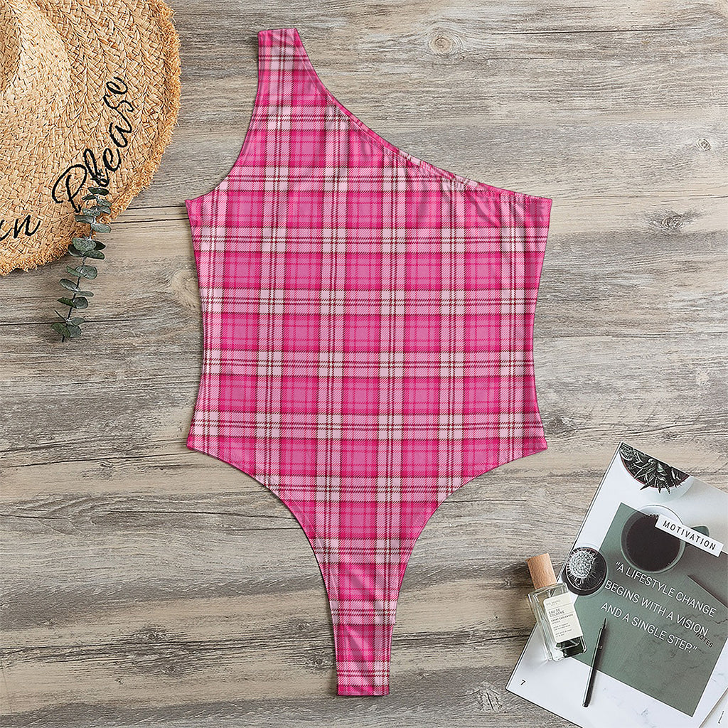 Pink And White Tartan Pattern Print One Shoulder Bodysuit