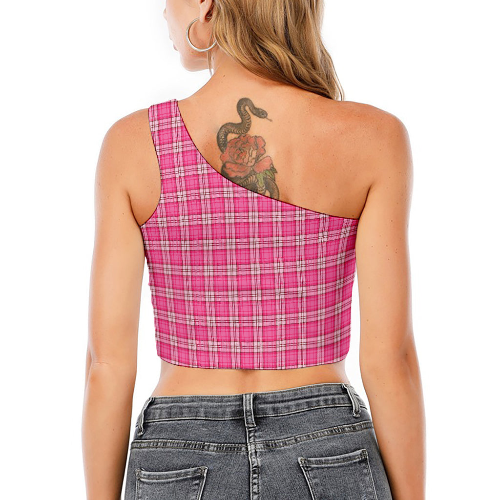 Pink And White Tartan Pattern Print One Shoulder Crop Top