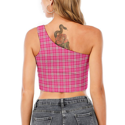 Pink And White Tartan Pattern Print One Shoulder Crop Top