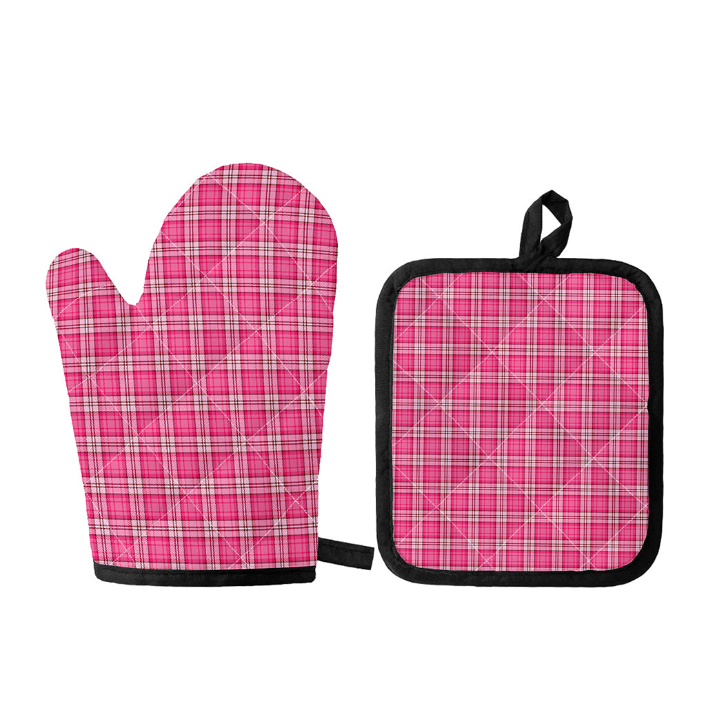 Pink And White Tartan Pattern Print Oven Mitt And Pot Holder Set