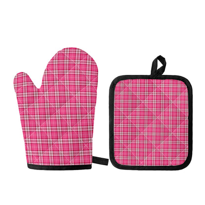 Pink And White Tartan Pattern Print Oven Mitt And Pot Holder Set