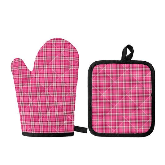 Pink And White Tartan Pattern Print Oven Mitt And Pot Holder Set
