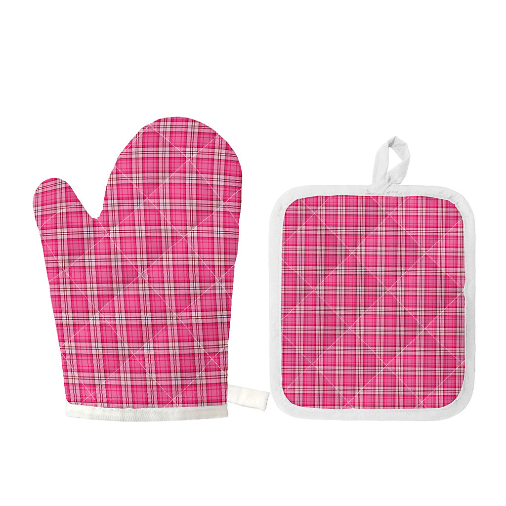 Pink And White Tartan Pattern Print Oven Mitt And Pot Holder Set