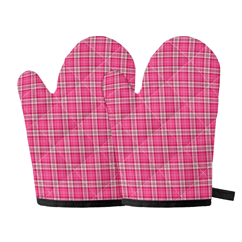 Pink And White Tartan Pattern Print Oven Mitts