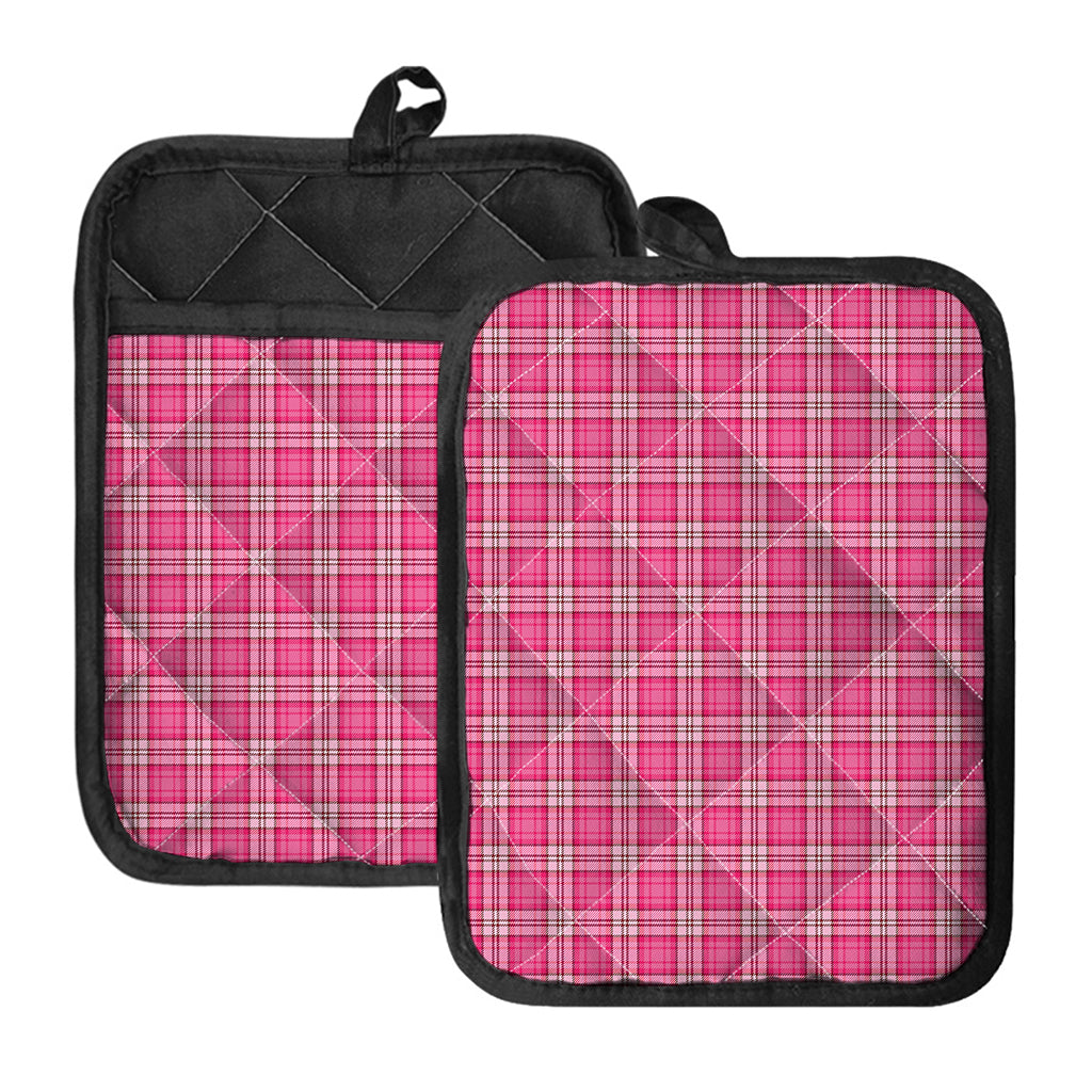 Pink And White Tartan Pattern Print Pot Holders With Pocket