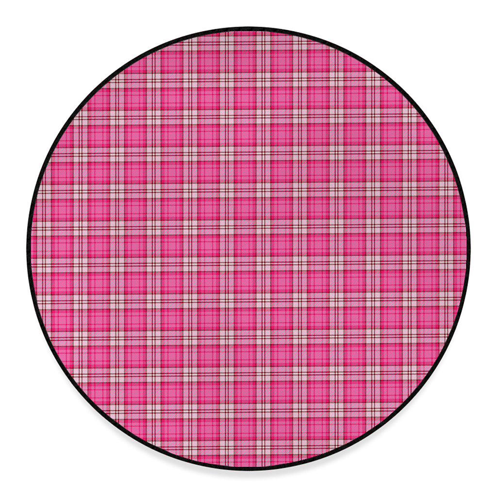 Pink And White Tartan Pattern Print Round Floor Mat