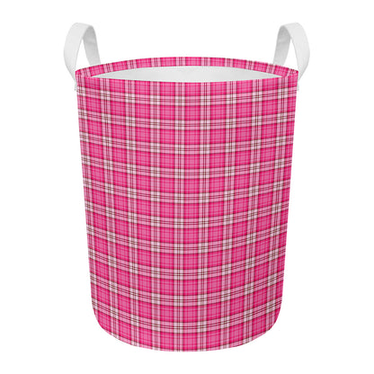 Pink And White Tartan Pattern Print Round Laundry Basket