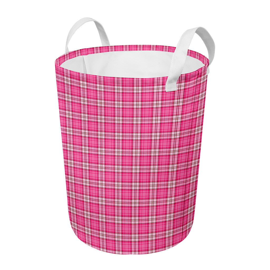 Pink And White Tartan Pattern Print Round Laundry Basket